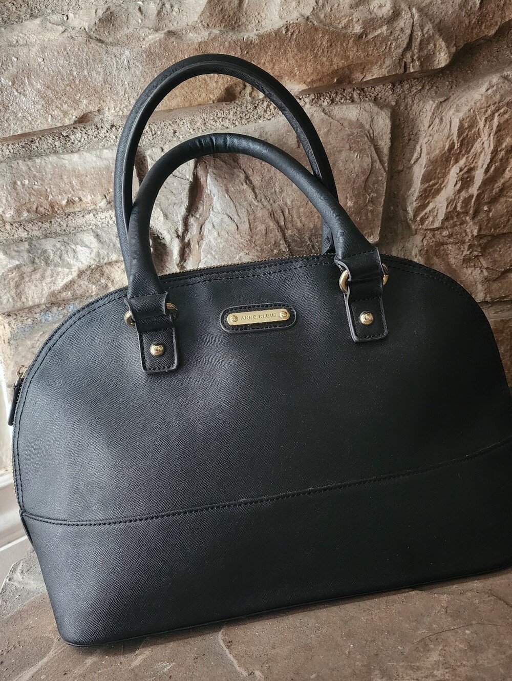 Anne Klein Black Saffiano Dome Satchel – Gold Hardware & Iconic Lion Logo Charm